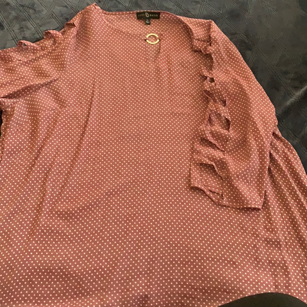 Women’s Pink & White Mini Polka Peek a Boo Stripped Sleeve Blouse 2XL